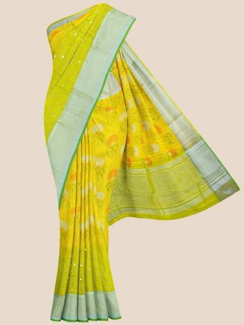 KLM Fashion Mall Yellow Floral Zari Silk Blend Saree