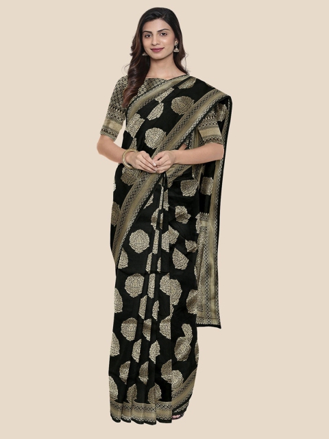 

Kalamandir Black & Gold-Toned Floral Silk Blend Banarasi Saree