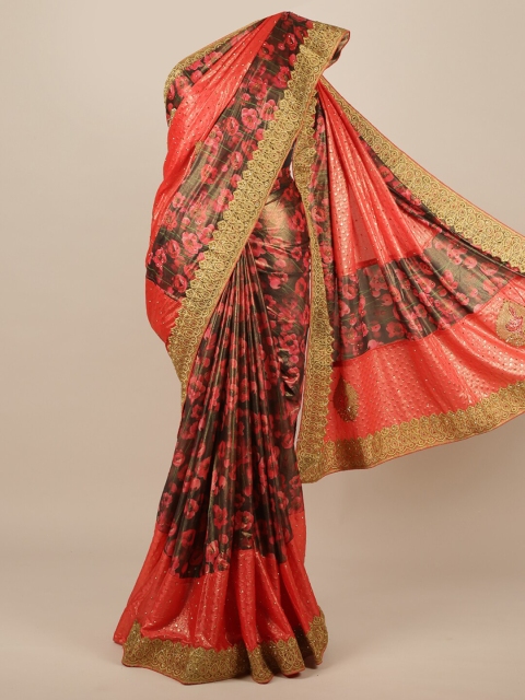 

Pothys Red & Brown Floral Sequinned Jute Silk Saree