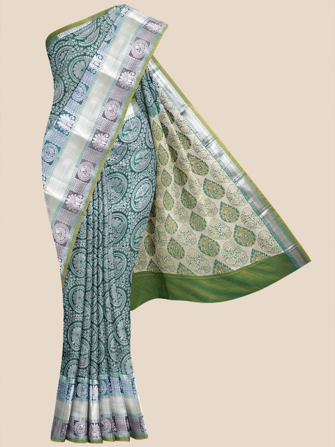 

Kalamandir Green & Silver-Toned Woven Design Zari Silk Blend Kanjeevaram Saree