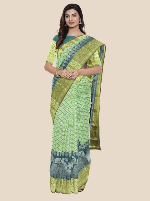 

Kalamandir Green & Blue Ethnic Motifs Silk Blend Kanjeevaram Saree