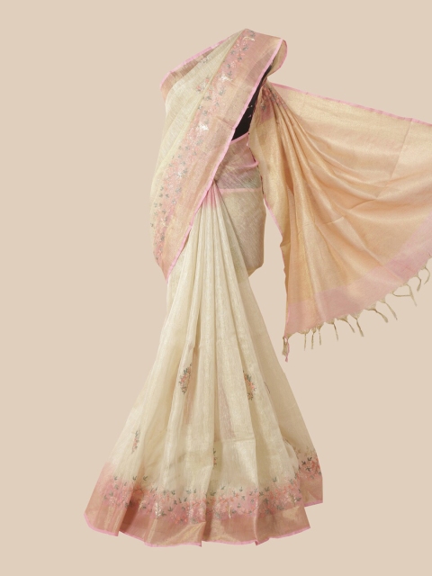 

Pothys Cream & Pink Floral Linen Blend Saree