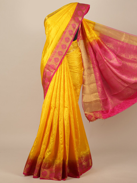 

Pothys Yellow & Pink Ethnic Motifs Zari Jute Silk Saree