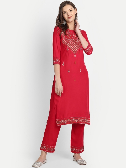 

Anubhutee Women Red & Beige Printed Ethnic Motifs Kurta &Trousers