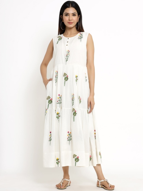 

VRISA Off White & Green Floral Embroidered Drop-Waist Pure Cotton Midi Dress
