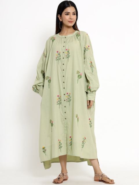 

VRISA Lime Green A Line Midi Floral Embroidery Puff Extended Sleeve Kaftan Dress