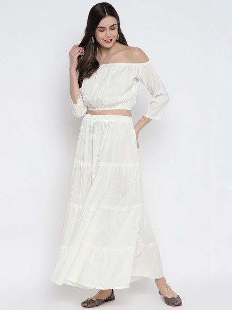

Aawari White Solid Off-Shoulder Layered Maxi-Length Co-Ordinate Prom Dress