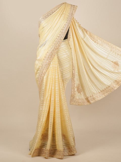 

Pothys Cream & Golden Striped Beads and Stones Saree