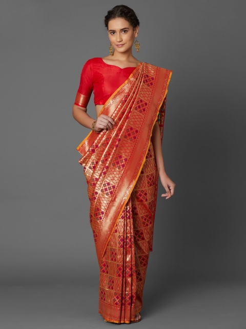 

Mitera Red & Gold-Toned Floral Zari Silk Blend Banarasi Saree