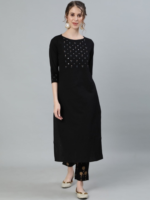 

Ishin Women Black Yoke Design Pleated Pure Cotton Kurti with Trousers