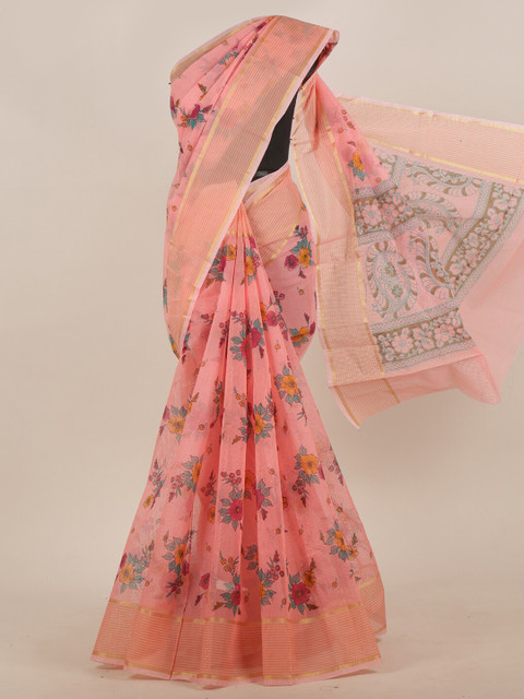 

Pothys Peach Floral Printed Zari Cotton Blend Saree