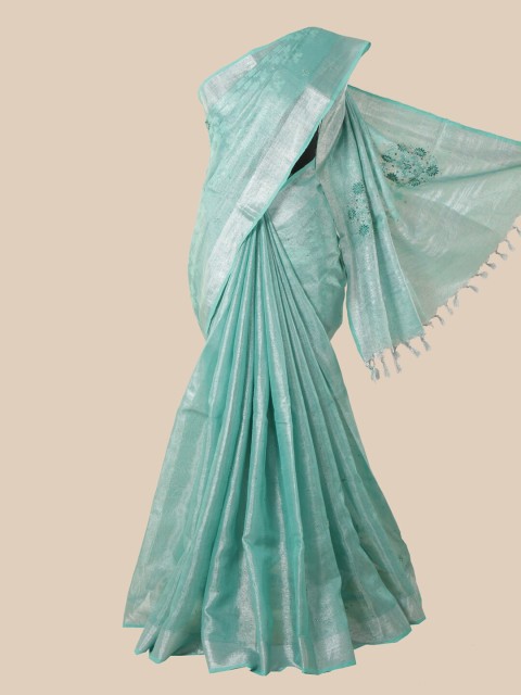 

Pothys Sea Green & Silver-Toned Floral Beads and Stones Linen Blend Saree
