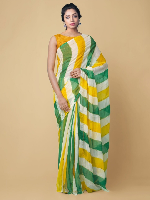 

Unnati Silks Yellow & Green Striped Sequinned Pure Chiffon Bhagalpuri Saree