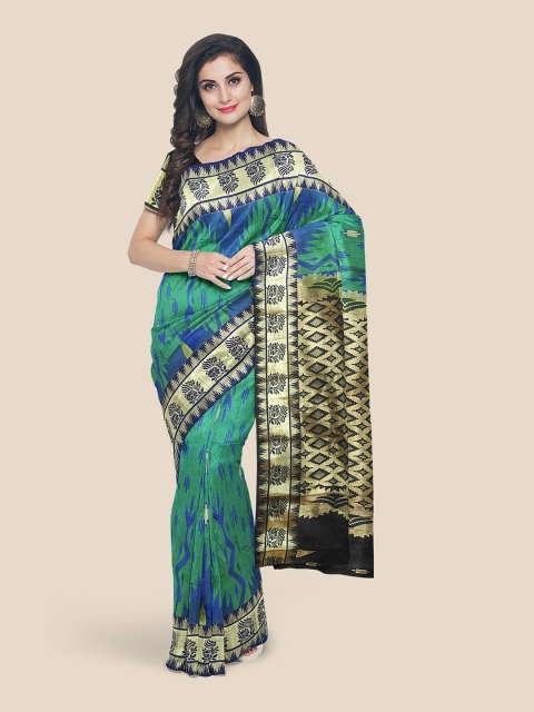 

Kalamandir Teal Green & Gold-Toned Silk Blend Kanjeevaram Saree