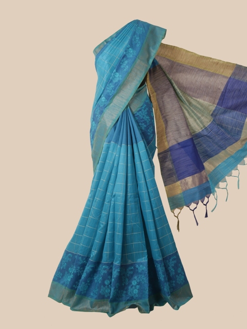 

Pothys Blue & Gold-Toned Checked Jute Silk Saree