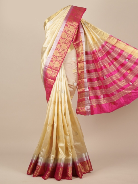 

Pothys Cream-Coloured & Pink Ethnic Motifs Zari Jute Silk Saree