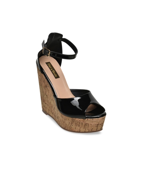 

Flat n Heels Black Colourblocked Wedge Peep Toes with Buckles