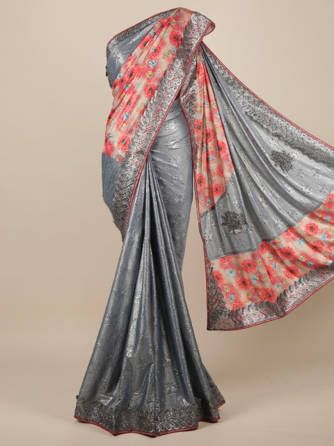 

Pothys Grey & Red Embellished Beads and Stones Jute Silk Saree