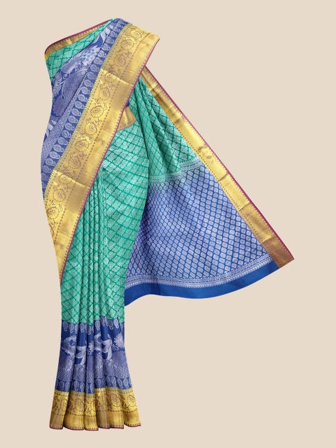 

Kalamandir Green & Blue Ethnic Motifs Woven Design Silk Blend Kanjeevaram Saree