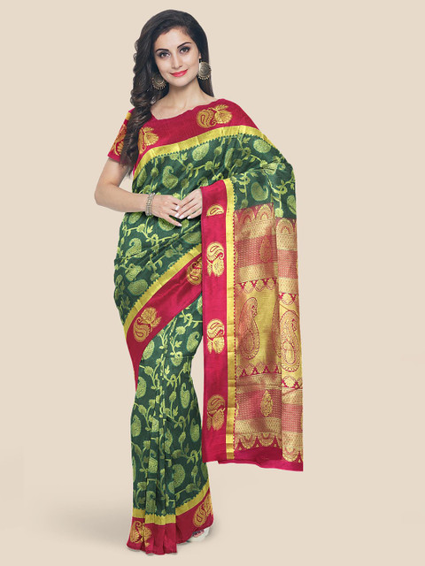 

Kalamandir Green & Red Paisley Zari Silk Blend Kanjeevaram Saree