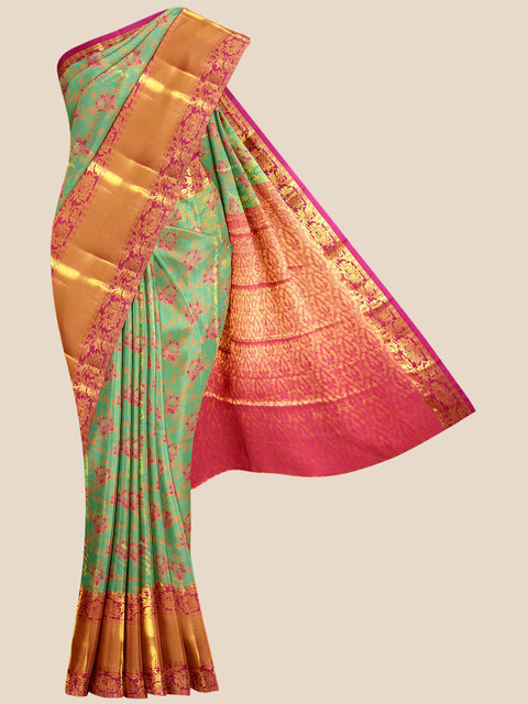 

Kalamandir Sea Green & Gold-Toned Floral Zari Silk Blend Kanjeevaram Saree