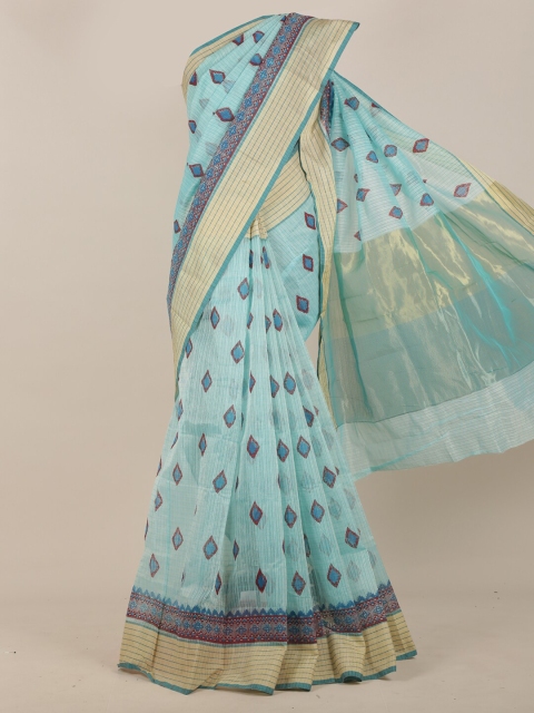 

Pothys Cotton Blend Blue & Pink Saree Geometric Print Saree With Blouse Piece