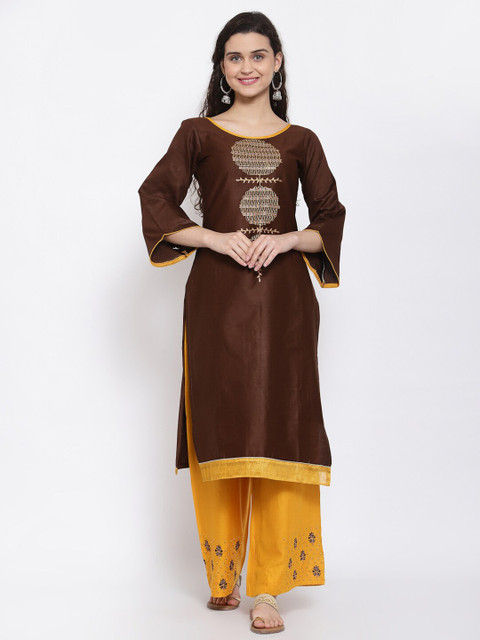 

Me Lady Fashion Brown & Mustard Embroidered Semi-Stitched Dress Material