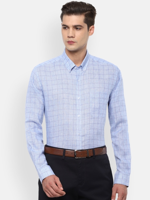 

Louis Philippe Men Blue Slim Fit Grid Checked Linen Formal Shirt