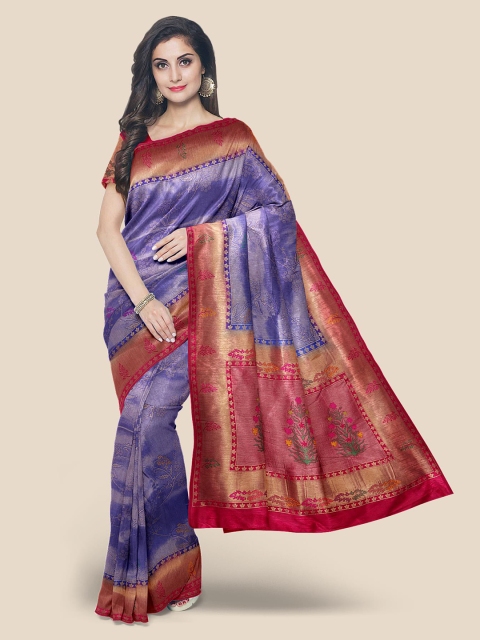 

KLM Fashion Mall Blue & Pink Floral Zari Silk Blend Banarasi Saree