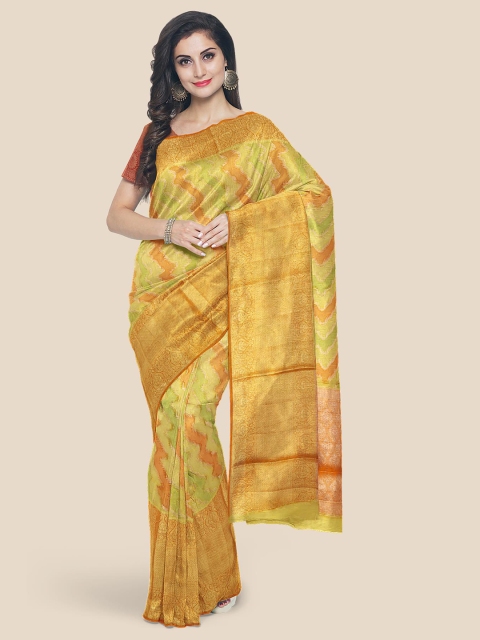 

KLM Fashion Mall Yellow & Green Woven Design Silk Blend Banarasi Saree