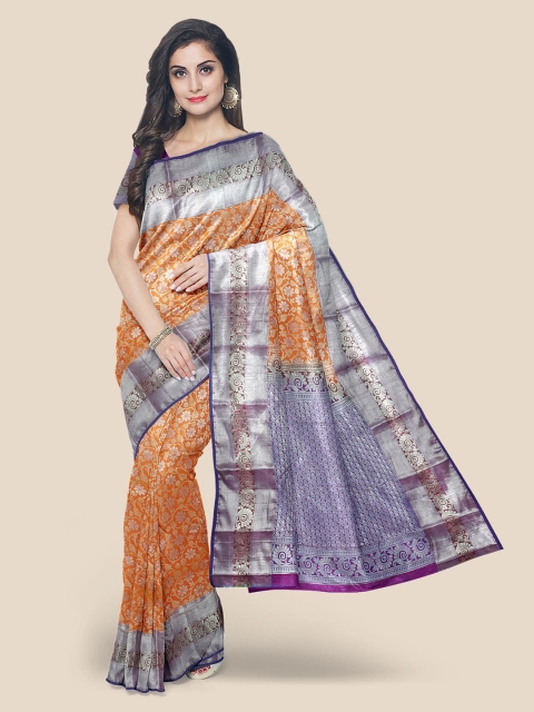 

KLM Fashion Mall Mustard Yellow & Silver-Toned Woven Design Silk Blend Kanjeevaram Saree