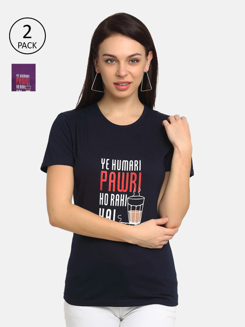 

VIMAL JONNEY Women Set of 2 Purple & Black Typography Printed T-shirts