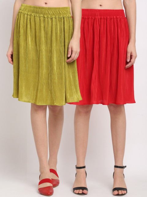 

NEUDIS Women Set Of 2 Green & Red Solid Accordion Pleat Midi Flared Skirt