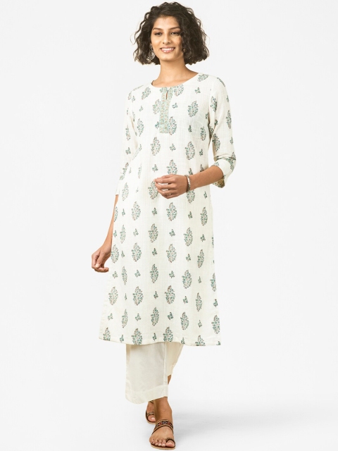 

Fabindia Women Off White Ethnic Motifs Printed Keyhole Neck Dobby Kurta