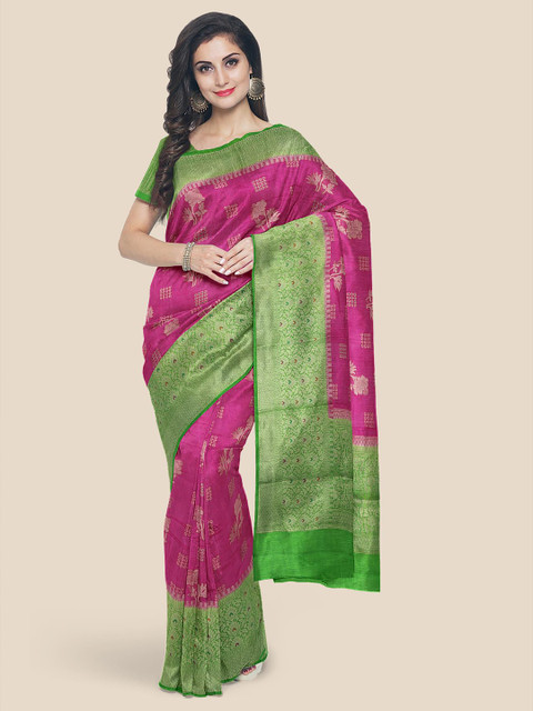 

KLM Fashion Mall Pink & Green Floral Silk Blend Banarasi Saree