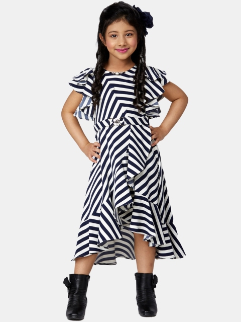

Peppermint Navy Blue & White Striped Satin Midi Wrap Dress