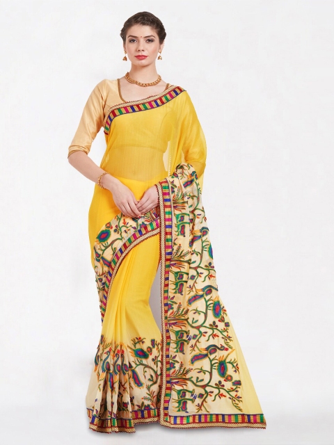 

Kvsfab Yellow & Blue Floral Poly Chiffon Saree