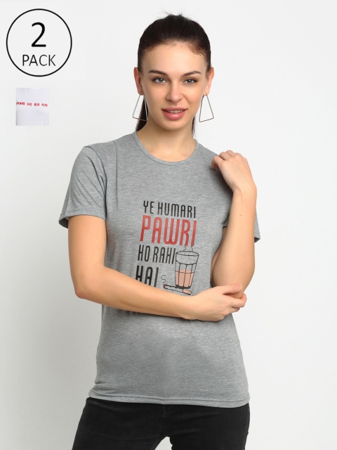 

VIMAL JONNEY Women Grey Typography T-shirt - Pack of 2