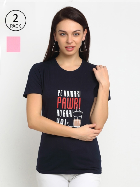 

VIMAL JONNEY Women Cotton Navy Blue & Pink Typography Printed T Shirt Pack Of 2