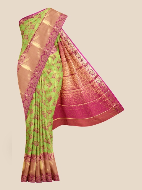 

Kalamandir Green Floral Zari Silk Blend Kanjeevaram Saree