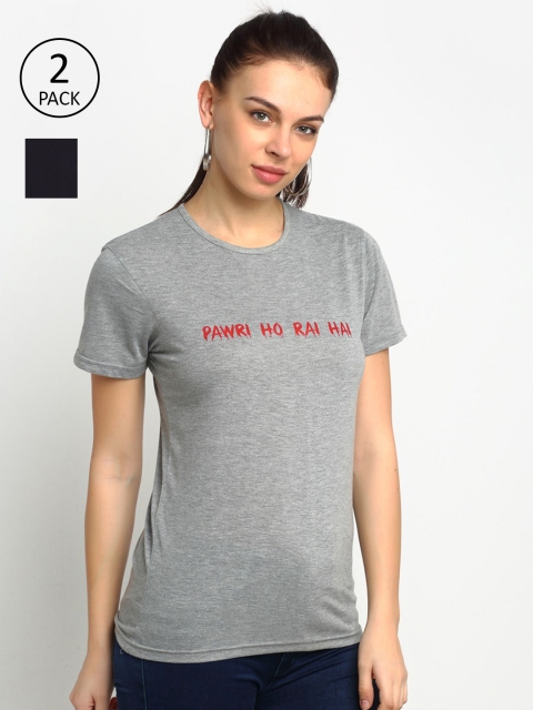 

VIMAL JONNEY Women Grey & Navy Blue Typography 2 T-shirt