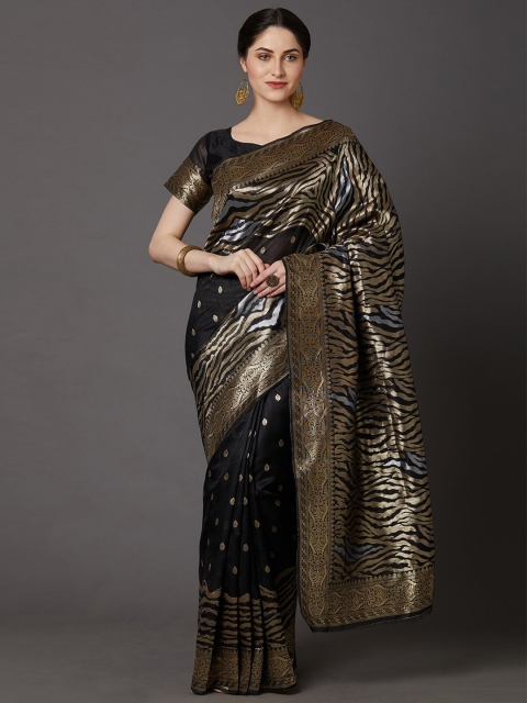 

Mitera Black & Gold-Toned Ethnic Motifs Zari Silk Blend Banarasi Saree