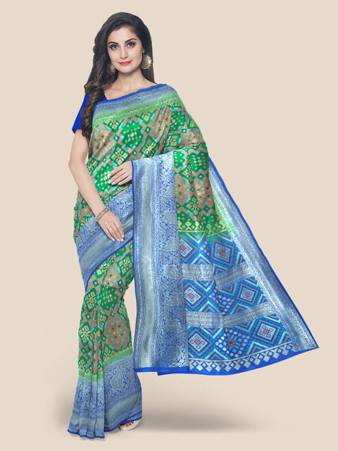 

KLM Fashion Mall Green & Blue Zari Silk Blend Banarasi Saree