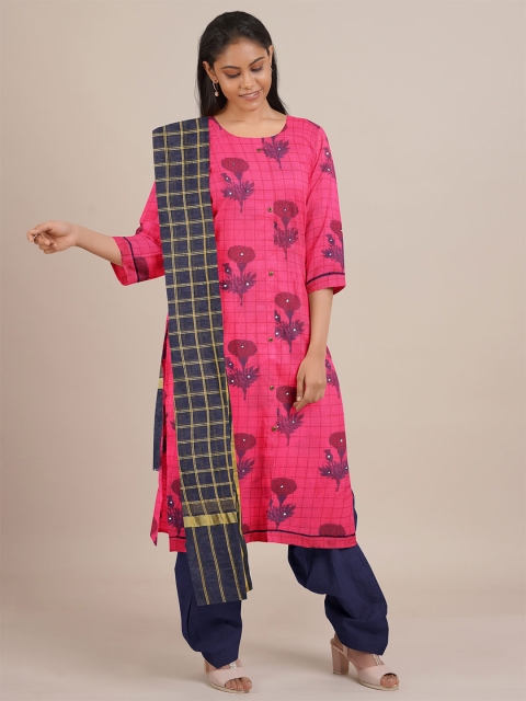 

Pothys Pink & Navy Blue Printed Unstitched Dress Material