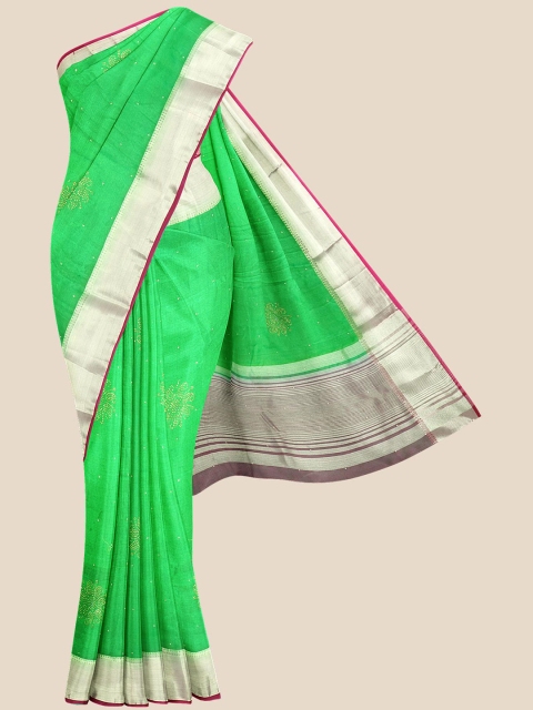 

KLM Fashion Mall Lime Green Floral Zari Silk Blend Banarasi Saree