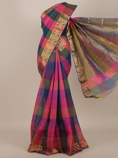 

Pothys Pink & Green Checked Silk Cotton Saree