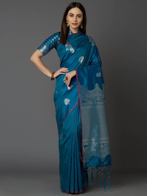 

Mitera Blue & Silver-Toned Woven Design Silk Blend Saree