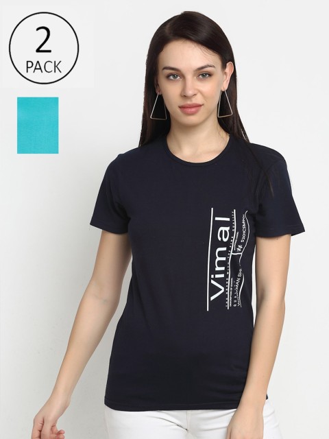 

VIMAL JONNEY Women Navy Pack Of 2 Blue & Teal BlueTypography Printed T-shirt, Navy blue