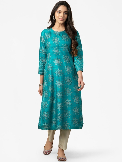 

Fabindia Women Turquoise Blue Ethnic Motifs Printed A-Line Kurta