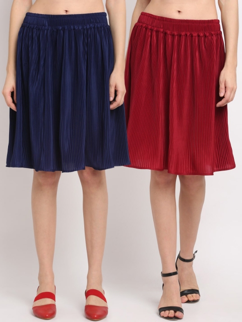 

NEUDIS Women Pack Of 2 Accordion Pleated Flared Knee-Length Skirts, Maroon